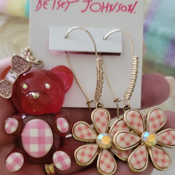 Betsey Johnson Jewelry - Betsey Johnson Pink Gingham Gummy Bear Necklace & Pink Flower Earrings Set